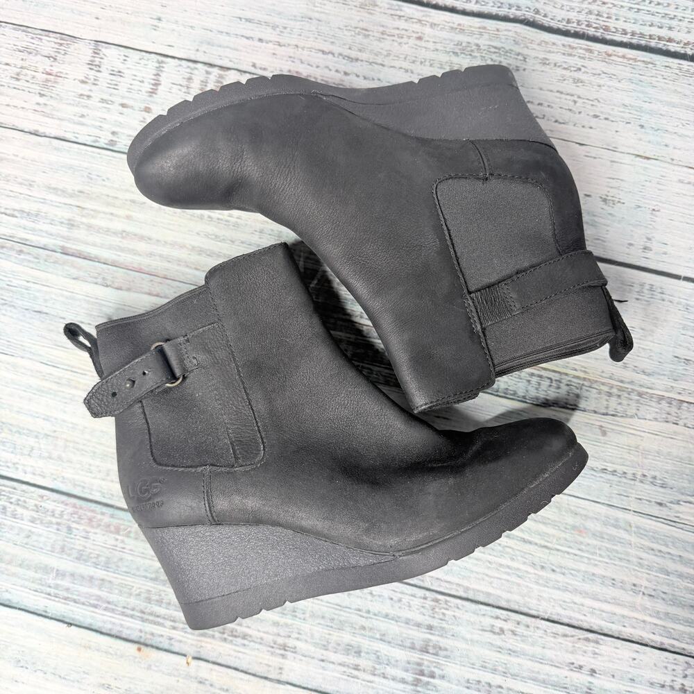 UGG Indra Waterproof Leather Wedge Booties Black 7